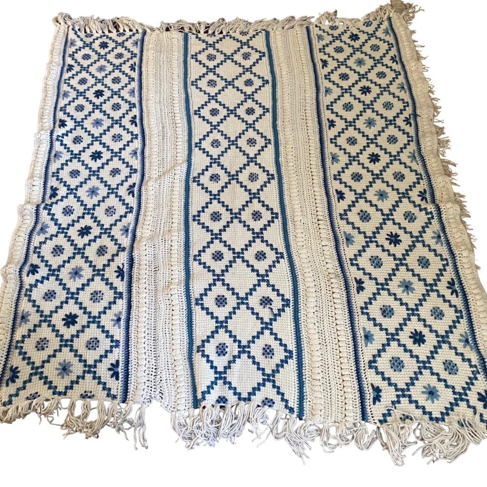 Handmade embroidered knit throw afghan blue design floral‎ fringe 55.5"x 63"
